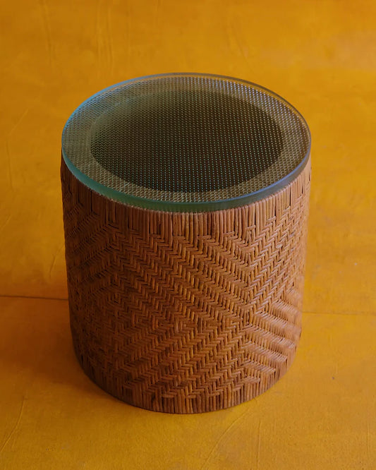 PAIR OF RATTAN SIDE TABLES w. DIMPLED GLASS TOP