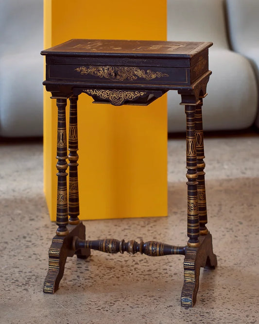 HAND PAINTED SEWING TABLE w. MOTHER OF PEARL INLAYS