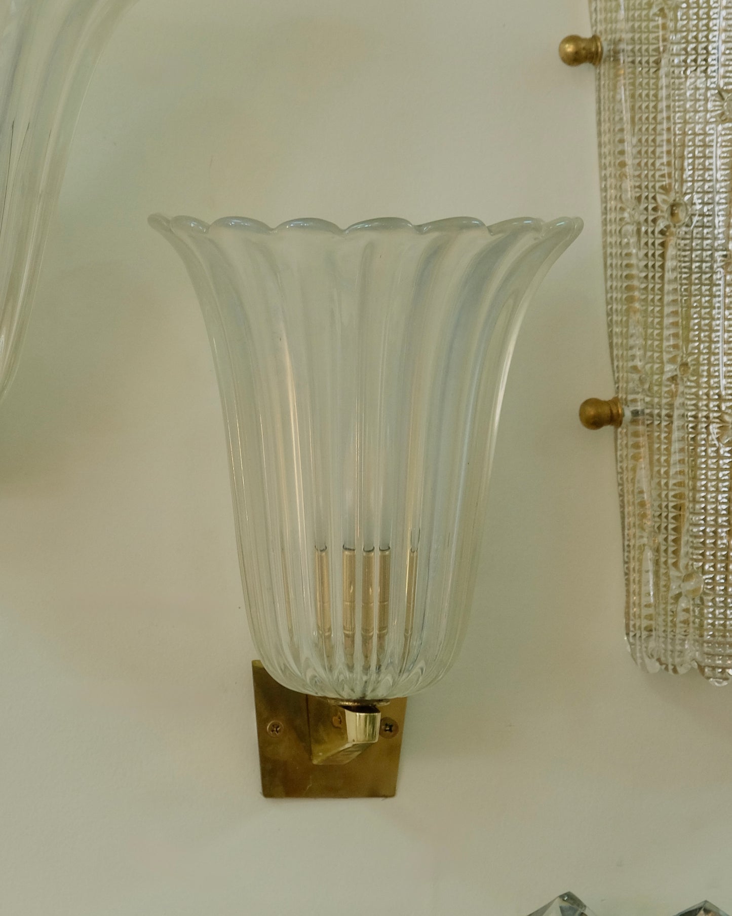 TRIO OF CLEAR IRIDESCENT MURANO GLASS SCONCES