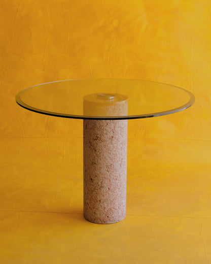 LINED TEXTURED STONE TABLE w. BEVELLED GLASS TOP