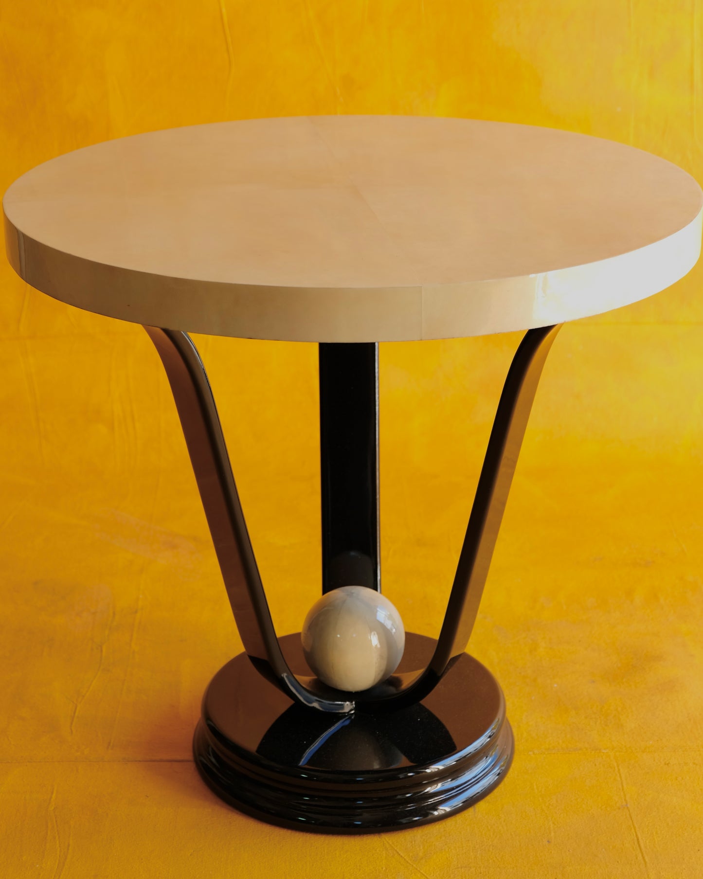 TRIO OF ART DECO PARCHMENT SIDE TABLES w. EBONIZED BASE