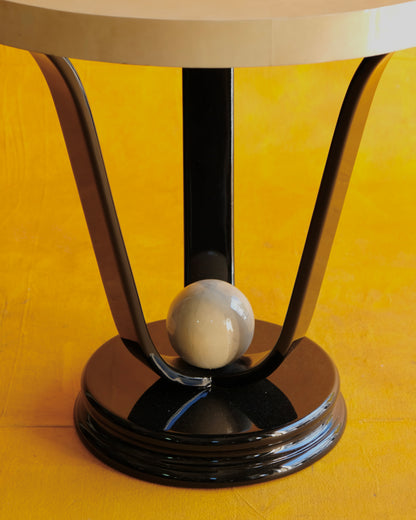 TRIO OF ART DECO PARCHMENT SIDE TABLES w. EBONIZED BASE
