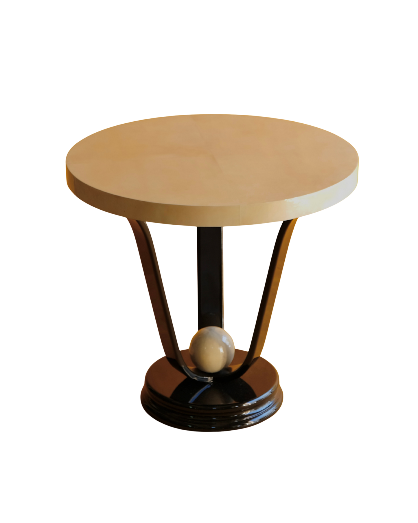 TRIO OF ART DECO PARCHMENT SIDE TABLES w. EBONIZED BASE