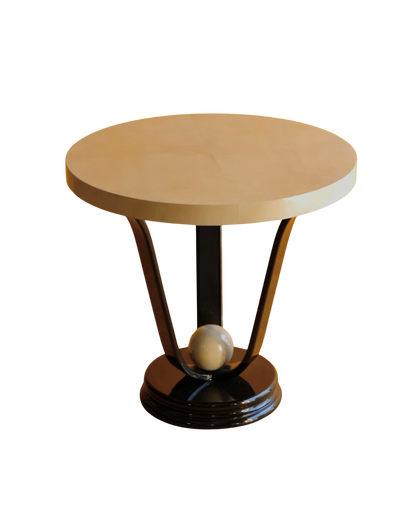 TRIO OF ART DECO PARCHMENT SIDE TABLES w. EBONIZED BASE