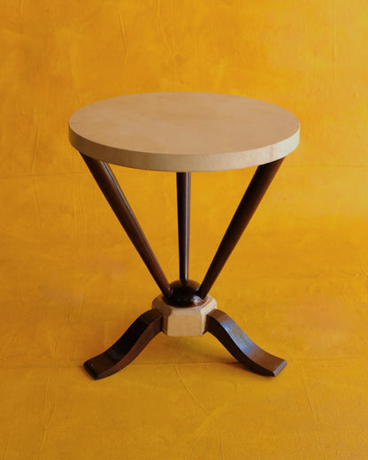 TRIO OF PARCHMENT SIDE TABLES w. TAPERED EBONIZED BASE