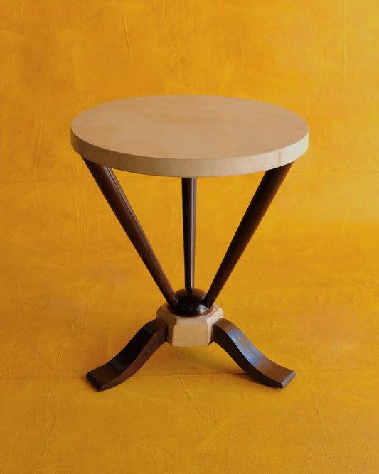 TRIO OF PARCHMENT SIDE TABLES w. TAPERED EBONIZED BASE