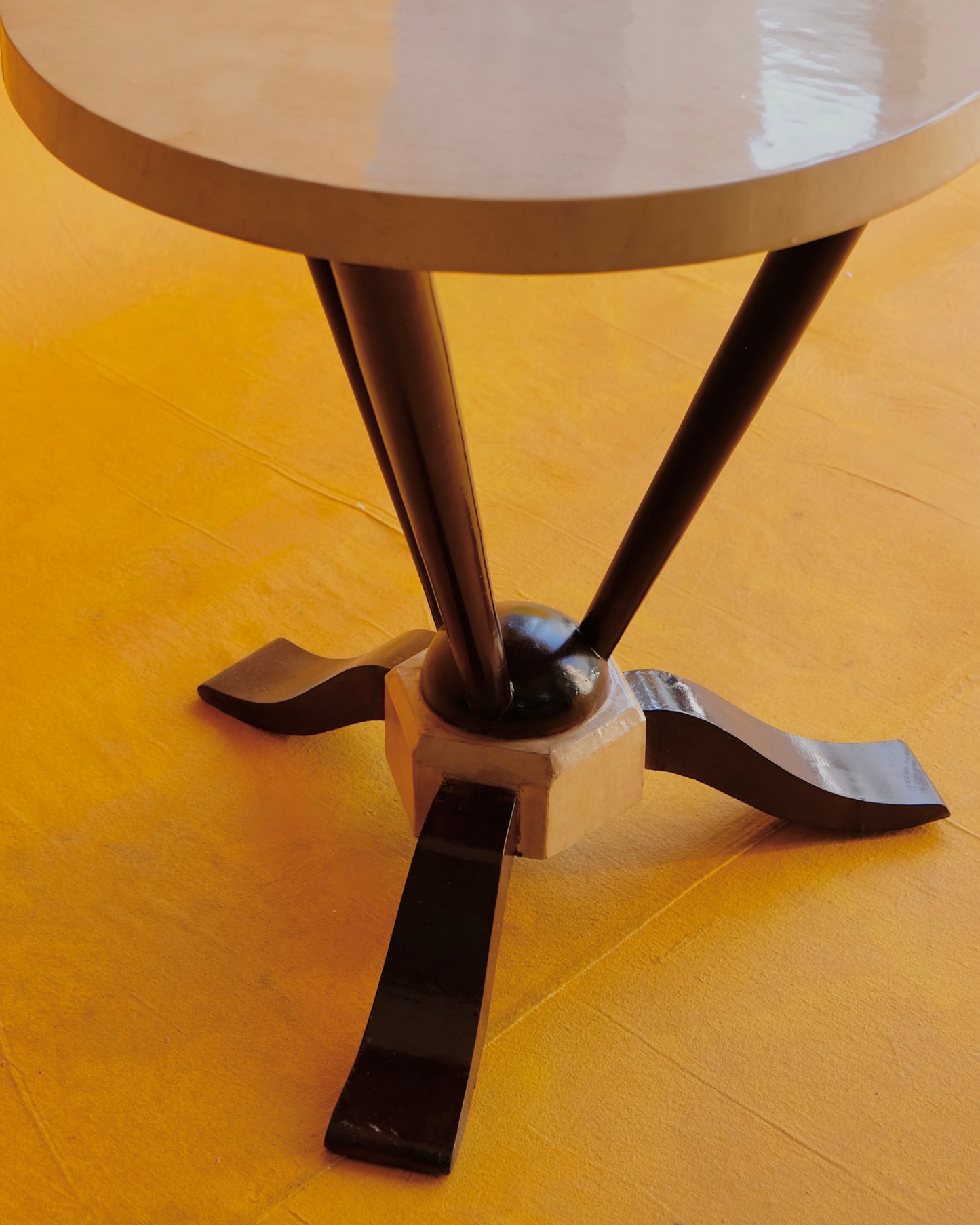 TRIO OF PARCHMENT SIDE TABLES w. TAPERED EBONIZED BASE