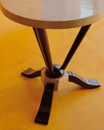 TRIO OF PARCHMENT SIDE TABLES w. TAPERED EBONIZED BASE