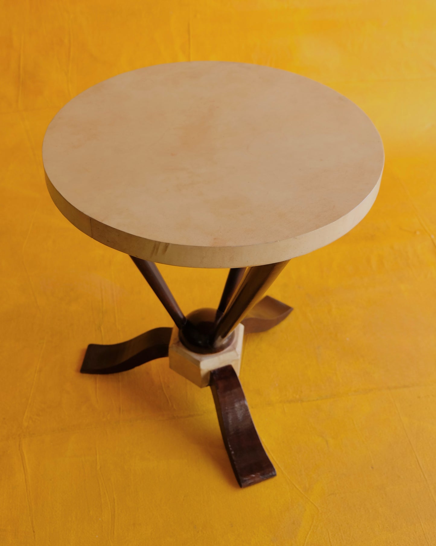 TRIO OF PARCHMENT SIDE TABLES w. TAPERED EBONIZED BASE