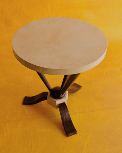 TRIO OF PARCHMENT SIDE TABLES w. TAPERED EBONIZED BASE