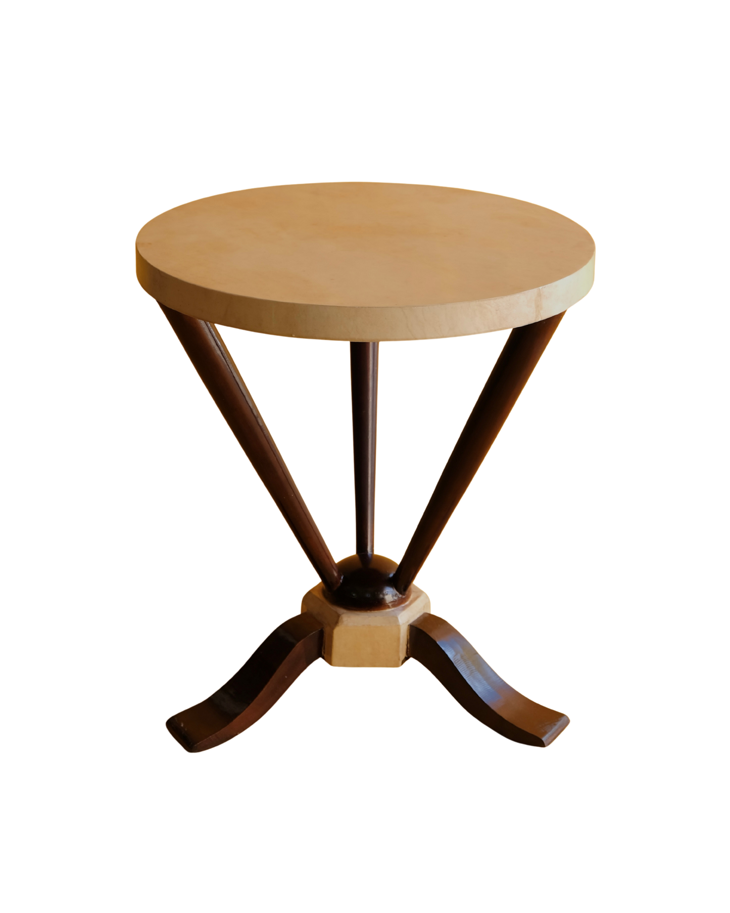 TRIO OF PARCHMENT SIDE TABLES w. TAPERED EBONIZED BASE