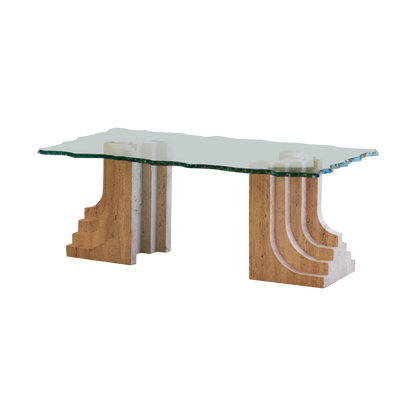 TRAVERTINE COLUMN COFFEE TABLE w. HAND CARVED GLASS TOP