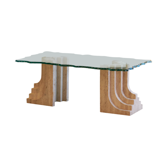 TRAVERTINE COLUMN COFFEE TABLE w. HAND CARVED GLASS TOP