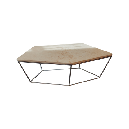 TWIN TRAVERTINE HEXAGONAL COFFEE TABLES w. CHROME BASE