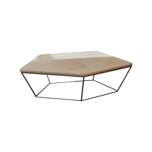 TWIN TRAVERTINE HEXAGONAL COFFEE TABLES w. CHROME BASE