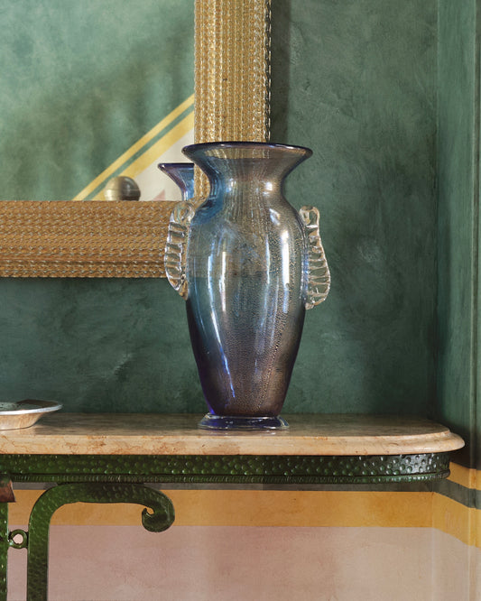 SCALLOP BLUE VASE w. AMBER WASH