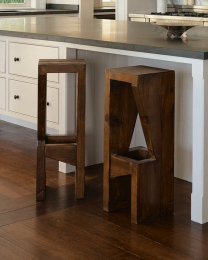 TRIO OF ABSTRACT PINE BAR STOOLS