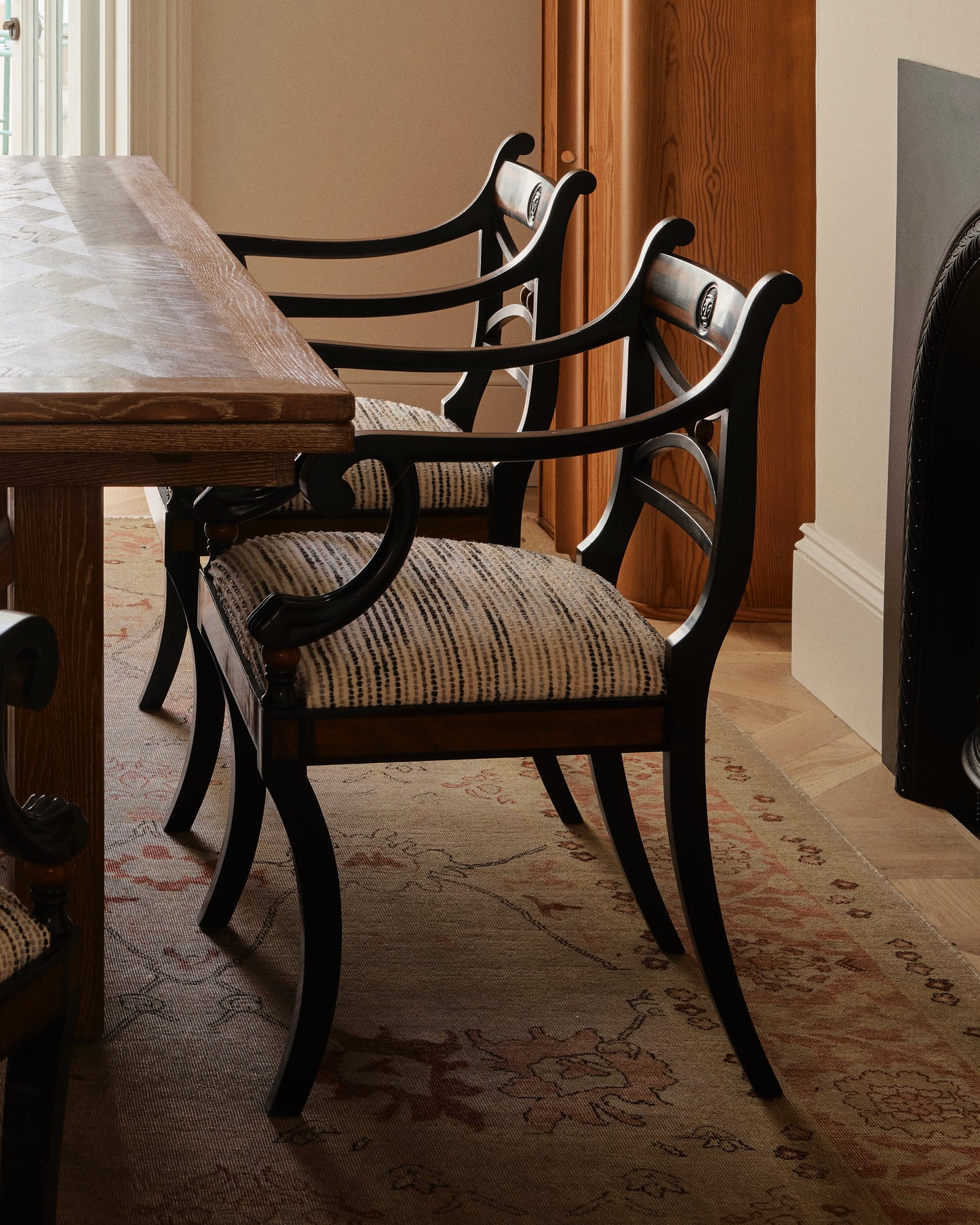 SET OF SIX EBONIZED REGENCY CHAIRS w. COLOR FIELD UPHOLSTERY