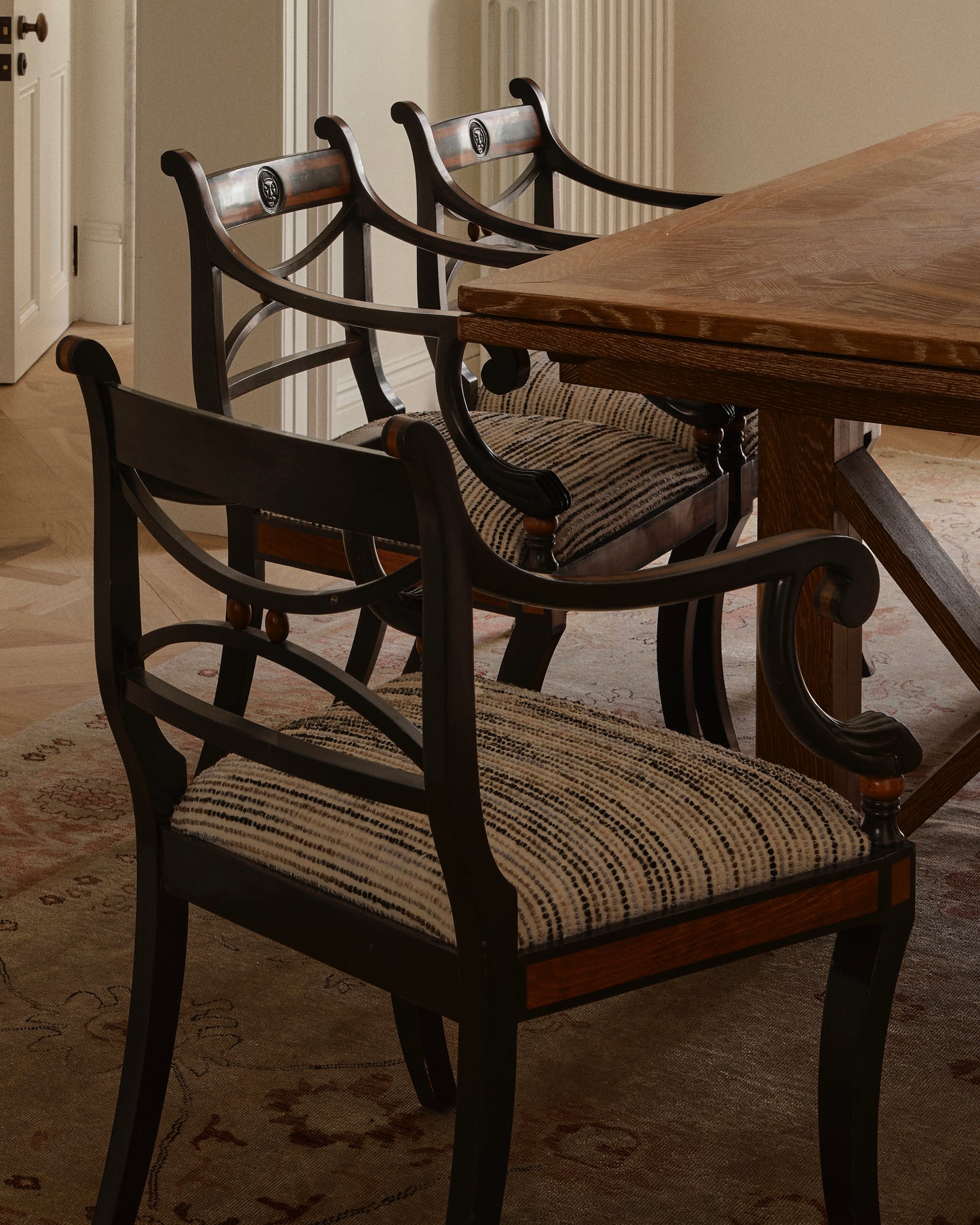 SET OF SIX EBONIZED REGENCY CHAIRS w. COLOR FIELD UPHOLSTERY