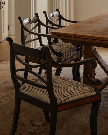 SET OF SIX EBONIZED REGENCY CHAIRS w. COLOR FIELD UPHOLSTERY