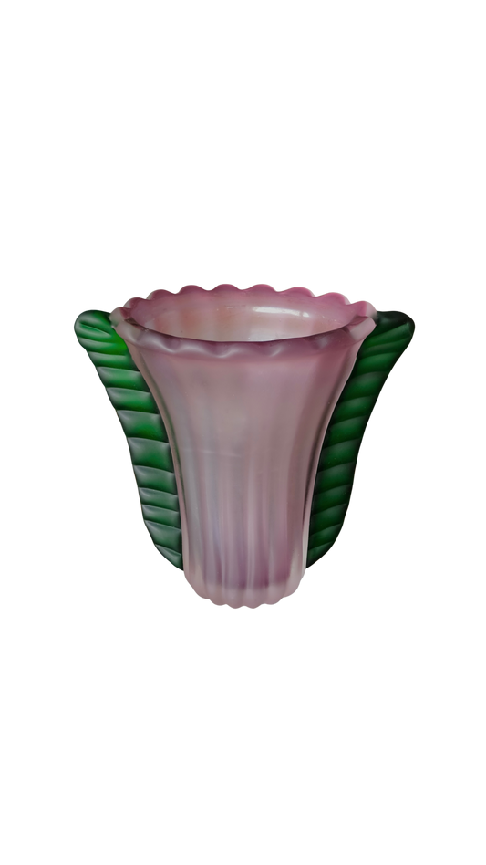 TAPERED ROSE ART GLASS VASE w. GREEN FIN DETAIL