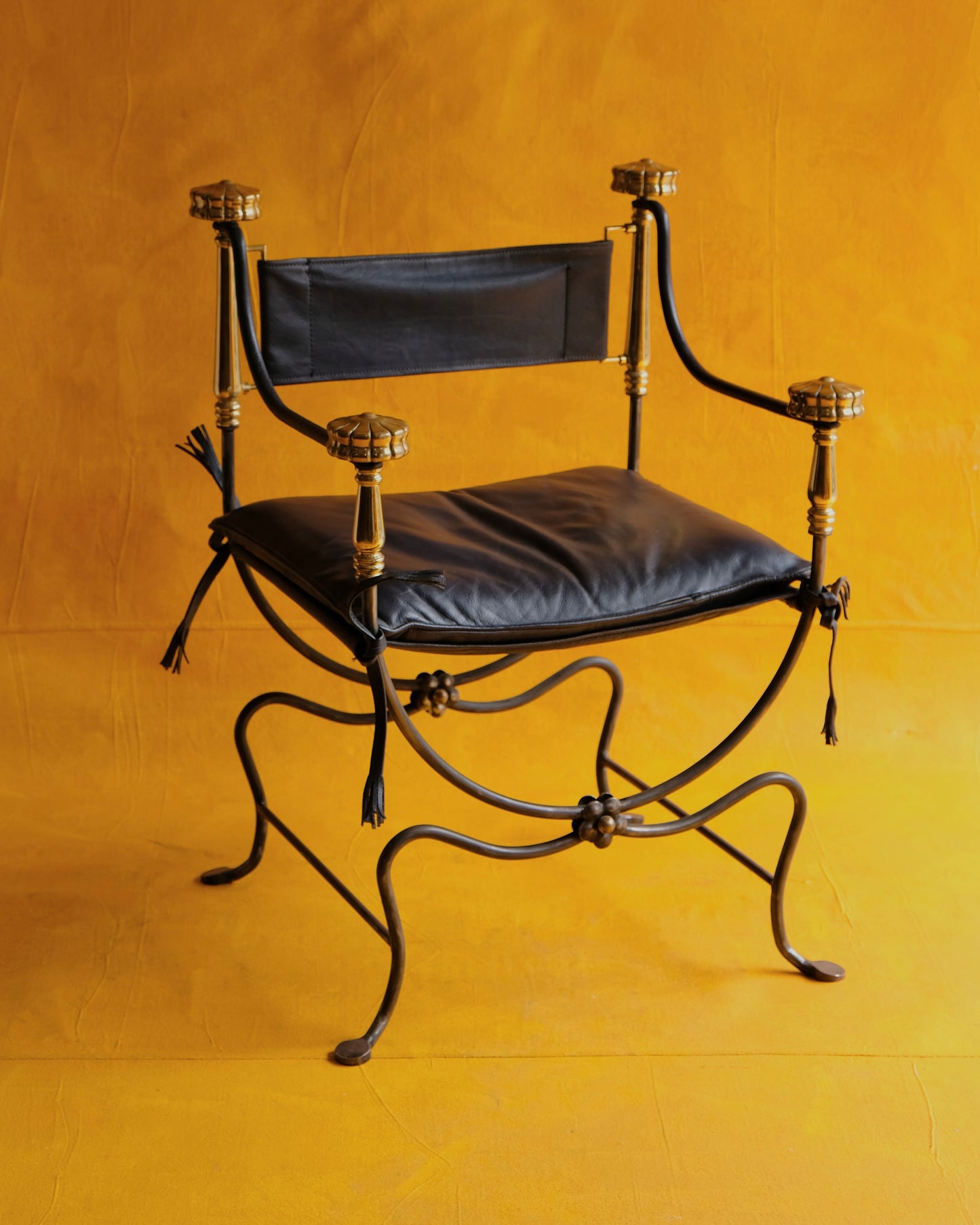 PAIR OF IRON CURULE CHAIRS w. FLORAL DETAIL
