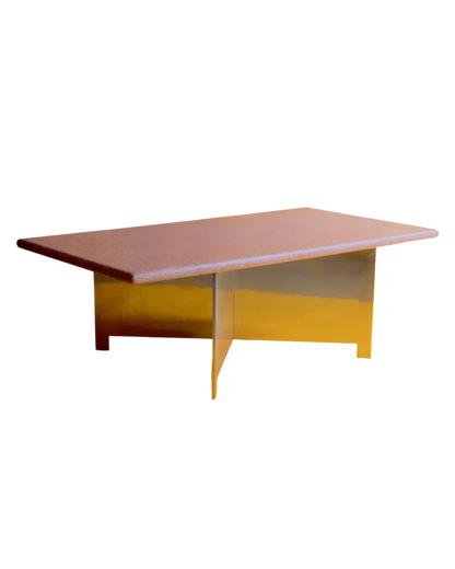 PINK TRAVERTINE COFFEE TABLE w. STAINLESS STEEL CROSS BASE