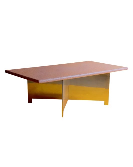 PINK TRAVERTINE COFFEE TABLE w. STAINLESS STEEL CROSS BASE
