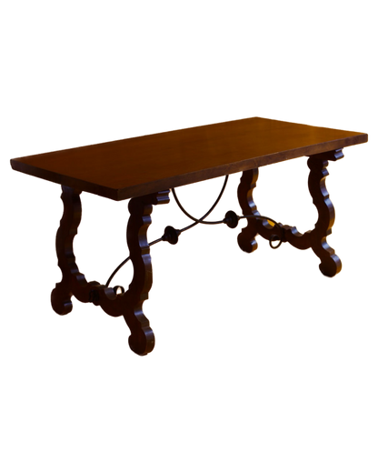 SPANISH WALNUT DINING TABLE w. WROUGHT IRON STRETCHER