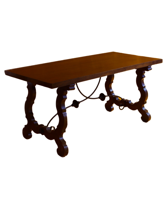 SPANISH WALNUT DINING TABLE w. WROUGHT IRON STRETCHER