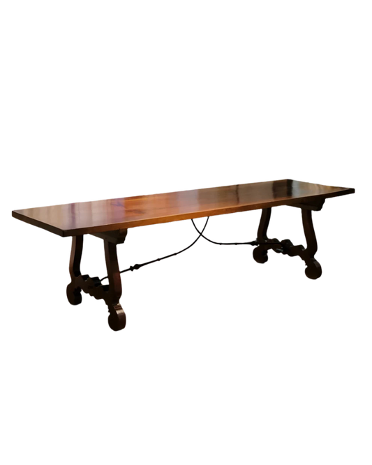 LARGE SPANISH TABLE w. WROUGHT IRON BRACE