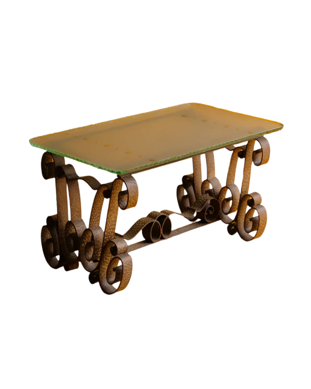 WROUGHT IRON & FROSTED CARVED GLASS COFFEE TABLE