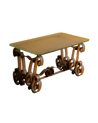 WROUGHT IRON & FROSTED CARVED GLASS COFFEE TABLE