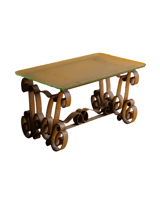 WROUGHT IRON & FROSTED CARVED GLASS COFFEE TABLE