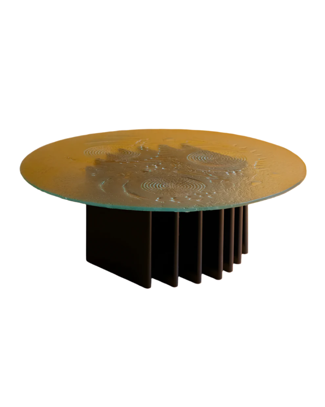 SCULPTURAL GLASS COFFEE TABLE w. NAVY COLUMN BASE
