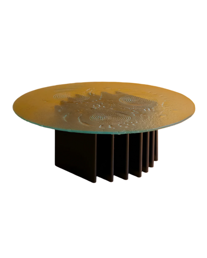 SCULPTURAL GLASS COFFEE TABLE w. NAVY COLUMN BASE