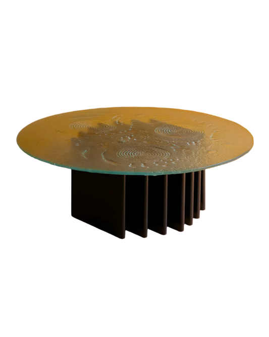 SCULPTURAL GLASS COFFEE TABLE w. NAVY COLUMN BASE