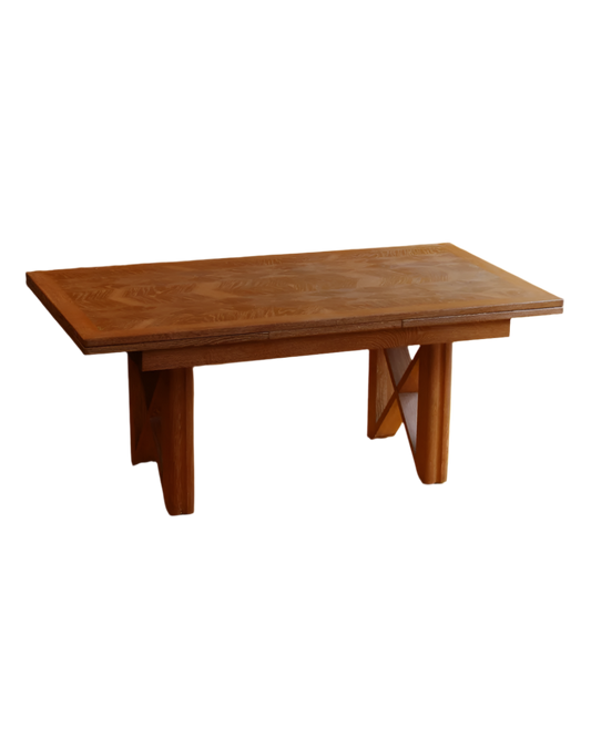 OAK EXTENDABLE DINING TABLE w. WHITE WASHED PARQUETRY TOP