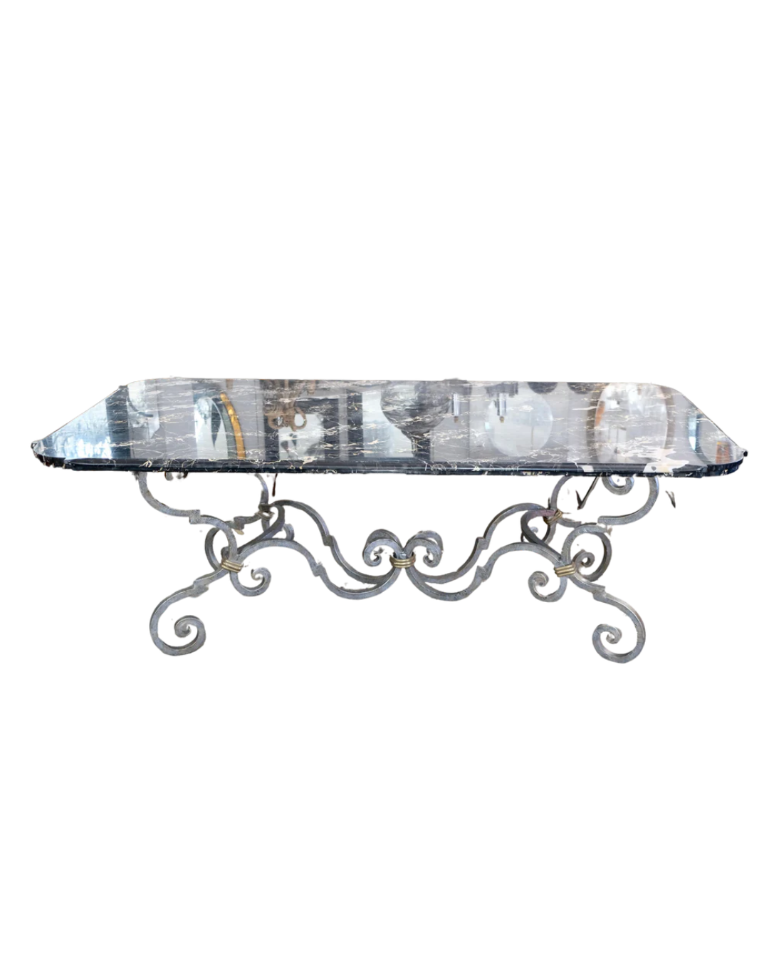19th CENTURY HAND FORGED IRON DINING TABLE w. BEVELED MARBLE TOP