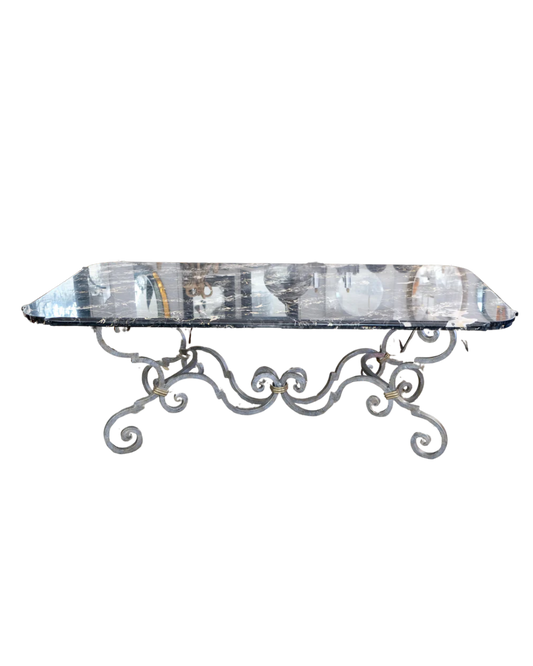 19th CENTURY HAND FORGED IRON DINING TABLE w. BEVELED MARBLE TOP