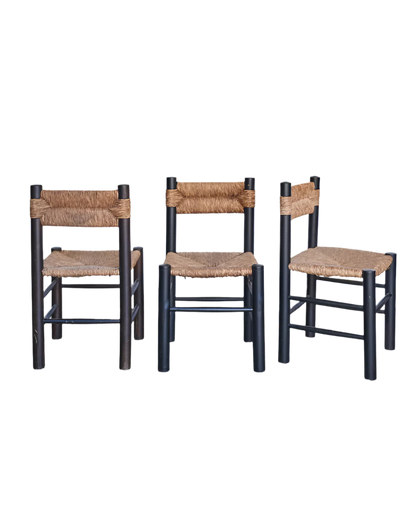 SET OF RUSH DINING CHAIRS w. RATTAN & EBONIZED TIMBER