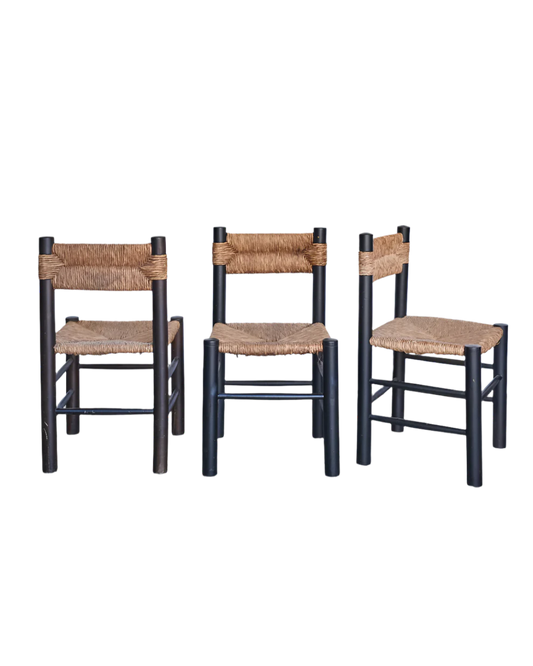 SET OF RUSH DINING CHAIRS w. RATTAN & EBONIZED TIMBER