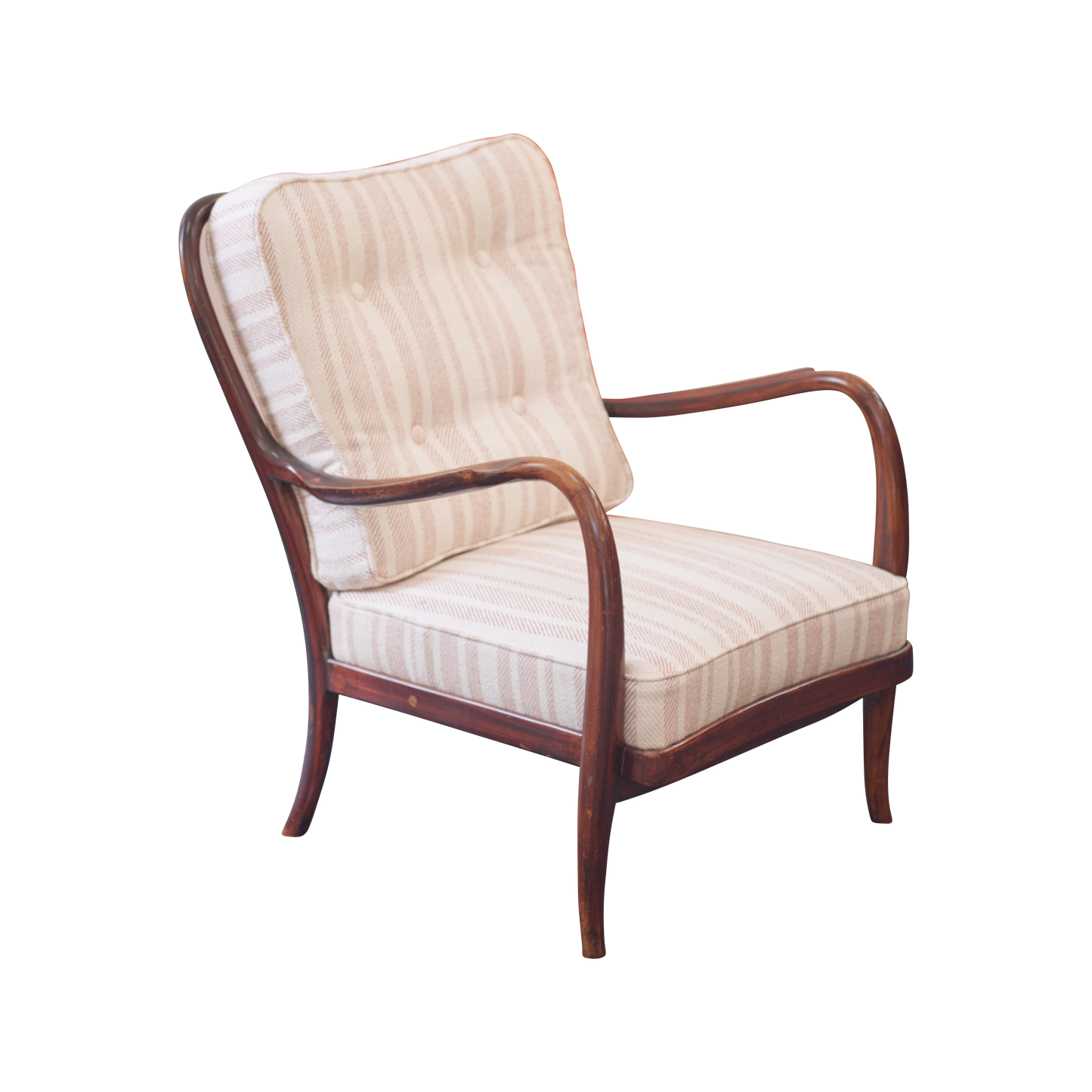 WALNUT ARMCHAIR w. STRIPED UPHOLSTERY