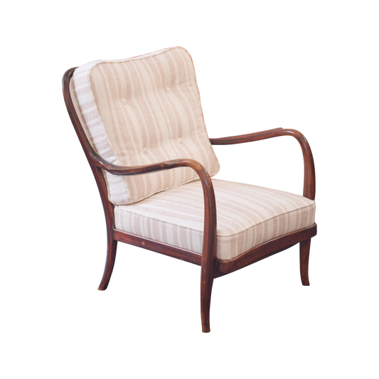 WALNUT ARMCHAIR w. STRIPED UPHOLSTERY