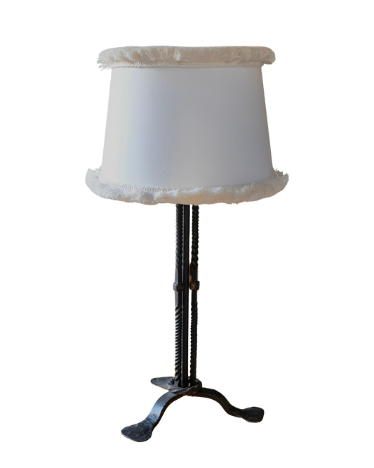 SPANISH WROUGHT IRON TABLE LAMP w. FRINGED TRIM SHADE