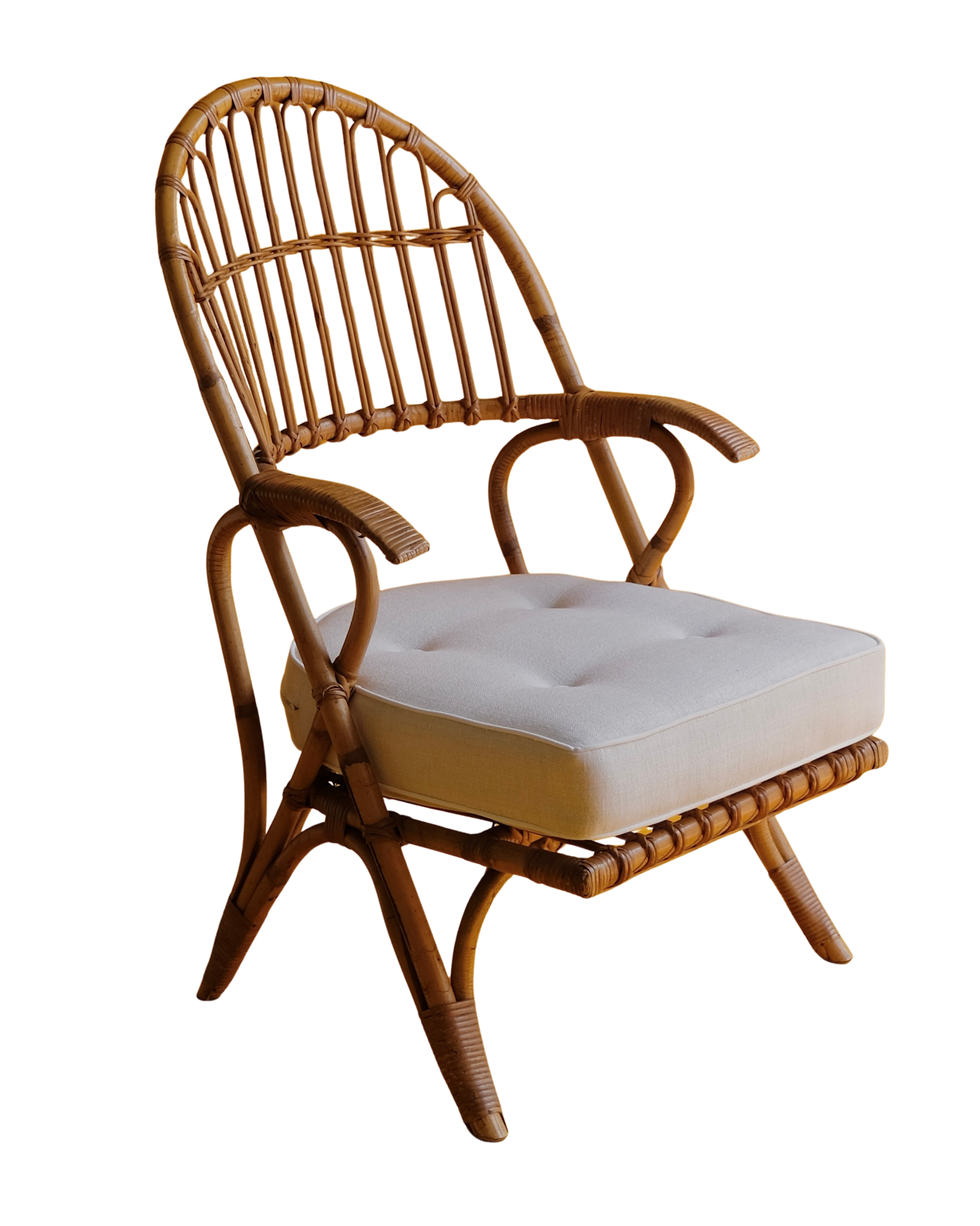 PAIR OF CANE ARM CHAIRS w. CONTRAST CUSHIONS
