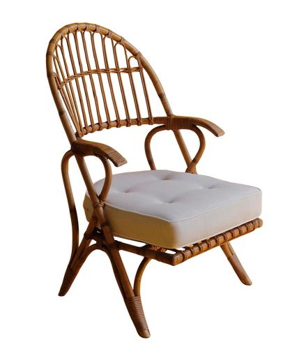 PAIR OF CANE ARM CHAIRS w. CONTRAST CUSHIONS
