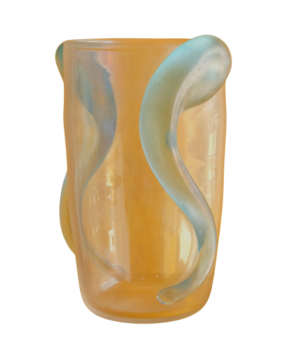 CLEAR MURANO VASE w. BLUE APPLIED SWIRLS