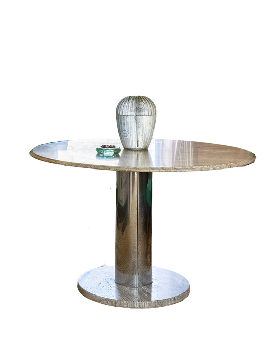 TRAVERTINE DINING TABLE w. CHROME BASE