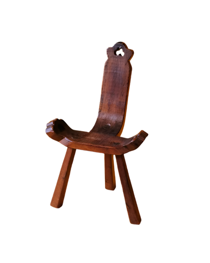 PRIMITIVE FRENCH WOODEN CARVED TRIPOD CHAIR